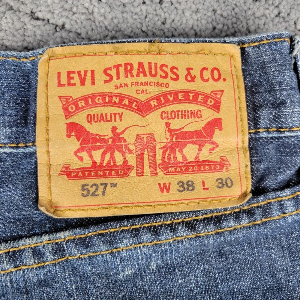 Levis 527 Jeans Mens 38x30 Blue Slim Fit Bootcut Whisker Honeycomb Faded Denim